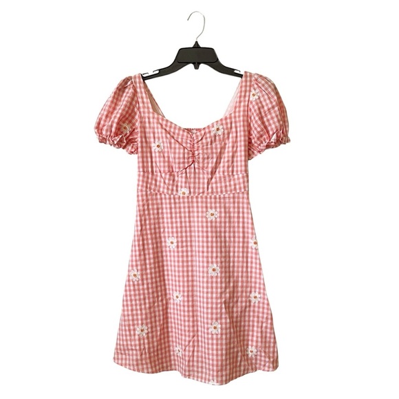 Altar'd State Short Dress Women's Size XS Pink White Daisy GIngham Puff Sleeves - Picture 1 of 6